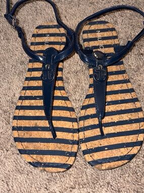 Nautica Navy and Cork Striped T-Strap Sandals